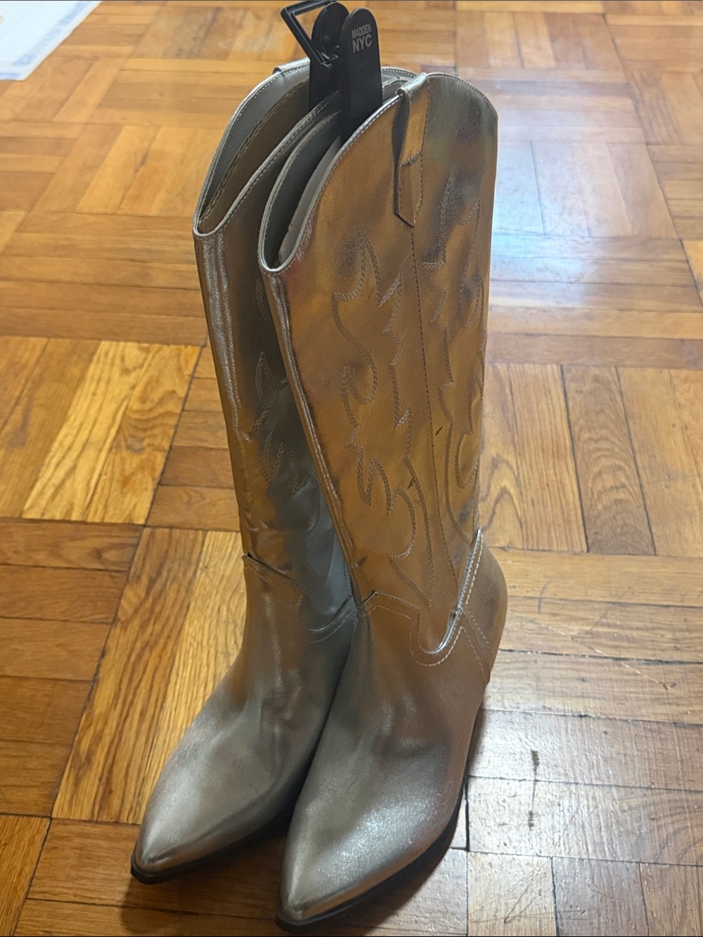 Metallic Silver Knee-High Western Heeled Boots